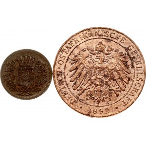Niemcy Bawaria 1 Heller 1855 i Niemiecka Afryka Wschodnia Pesa 1309 (1892) Zestaw 2 monet