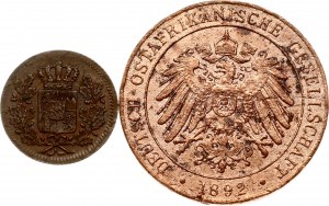 Německo Bavorsko 1 Heller 1855 & Německá východní Afrika Pesa 1309 (1892) Sada 2 mincí