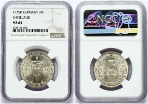 Weimar Republic 3 Reichsmark 1925 D Rhineland NGC MS 63