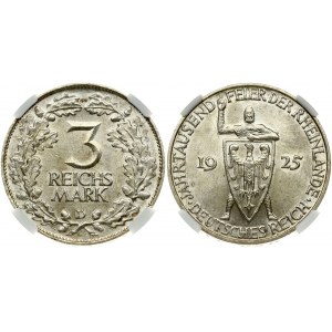 Výmarská republika 3 říšské marky 1925 D Porýní NGC MS 63