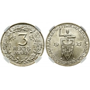 Weimar Republic 3 Reichsmark 1925 D Rhineland NGC MS 63