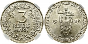 Repubblica di Weimar 3 Reichsmark 1925 D Renania NGC MS 63