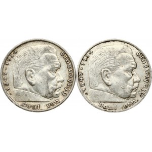 5 Reichsmark 1935 D &amp; 1936 A Lot de 2 pièces