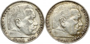 Allemagne 5 Reichsmark 1936 A & 1936 D Lot de 2 pièces