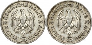 Allemagne 5 Reichsmark 1936 A & 1936 D Lot de 2 pièces