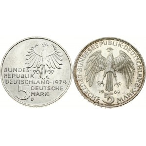 Bundesrepublik 5 Mark 1969 F &amp; 1974 D Lot von 2 Münzen