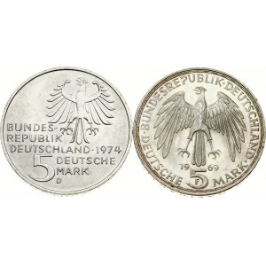 Repubblica federale 5 marchi 1969 F e 1974 D Lotto di 2 monete