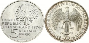 Repubblica federale 5 marchi 1969 F e 1974 D Lotto di 2 monete