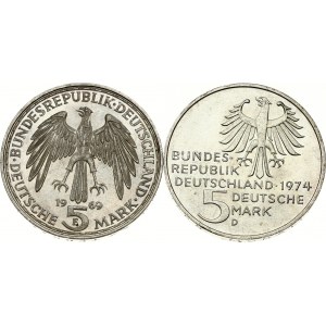 Germany Federal Republic 5 Mark 1969 F & 1974 D Lot of 2 coins