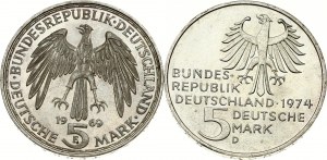 Republika Federalna Niemiec 5 marek 1969 F i 1974 D Zestaw 2 monet