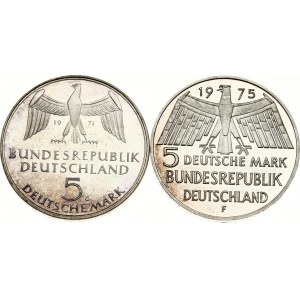 Bundesrepublik 5 Mark 1971 G &amp; 1975 F Lot von 2 Münzen