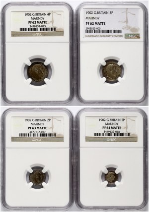 Great Britain 1 - 4 Pence 1902 Set Maundy. NGC PF 62-64 MATTE Lot of 4 coins