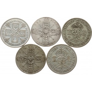 Great Britain 1 Florin & 2 Shillings 1921-1943 Lot of 5 coins