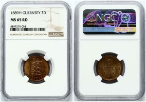 Guernsey 2 Doubles 1889 H NGC MS 65 RD ONLY 4 COINS IN HIGHER GRADE