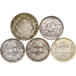 Węgry 20 Kreuzerów i 1 Korona 1846-1915 Zestaw 5 monet
