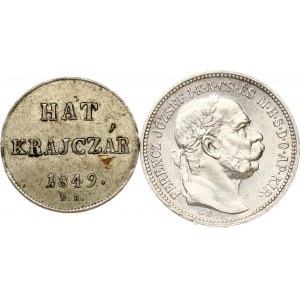 Maďarsko 6 Kreuzer 1849 NB &amp; 1 Korona 1915 KB Sada 2 mincí