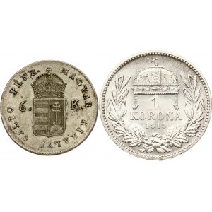 Węgry 6 Kreuzer 1849 NB i 1 Korona 1915 KB Zestaw 2 monet