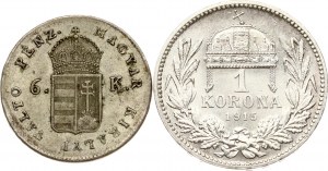 Maďarsko 6 mincí Kreuzer 1849 NB a 1 minca Korona 1915 KB