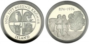 Island 1000 korun 1974 1. vypořádání 1100 let PCGS PR65DCAM