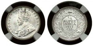 Britská Indie 1/4 rupie 1917 (C) NGC MS 63