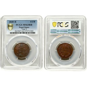 Vaticano 1/2 Baiocco 1840 R PCGS MS 63 RB MAX GRADE