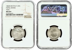 Vatican 1 Lira 1866-XXI NGC MS 64+