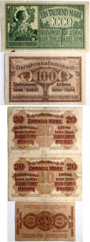 Germania - Lituania Kaunas 2 - 1000 marchi 1918 Lotto di 5 pezzi