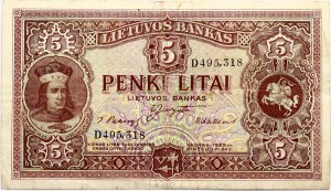 Litva 5 Litai 1929 Vytautas Veľký