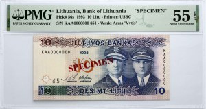 Lithuania 10 Litu 1993 SPECIMEN PMG 55 About UNC EPQ