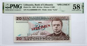 Lituanie 20 Litu 1993 SPECIMEN PMG 58 Choice About UNC EPQ