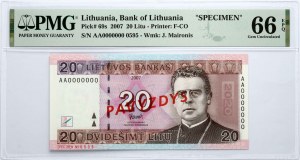 Litwa 20 Litu 2007 PAVYZDYS/SPECIMEN PMG 66 Gem UNC EPQ