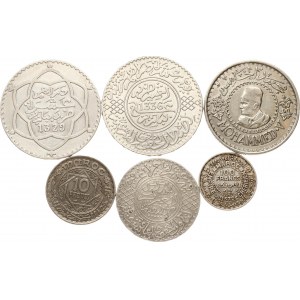 Maroko 5 dirhamów - 500 franków 1905-1956, srebrne, zestaw 6 monet