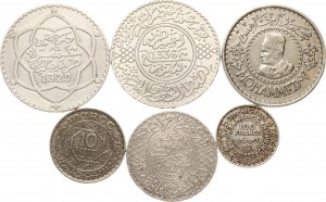 Maroko 5 dirhamów - 500 franków 1905-1956, srebrne, zestaw 6 monet