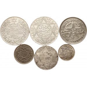 Morocco 5 Dirhams - 500 Francs 1905-1956 Silver Lot of 6 coins