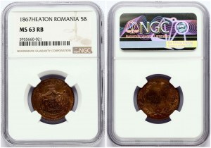 Rumunsko 5 Bani 1867 Heaton NGC MS 63 RB