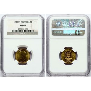 Roumanie 5 Lei 1930 KN NGC MS 65 SEULEMENT 4 PIÈCES DANS UN GRADE SUPÉRIEUR