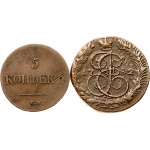 Russie 5 Kopecks 1782 КМ &amp; 5 Kopecks 1835 ЕМ-ФХ Lot de 2 pièces