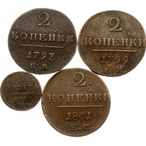 Russie Denga 1797 ЕМ (R) &amp; 2 Kopeck 1797-1801 EM Lot de 4 pièces