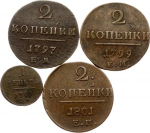Russia Denga 1797 ЕМ (R) & 2 Kopeck 1797-1801 EM Lot of 4 coins