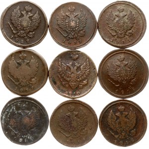 Rusko 2 kopejky 1810-1819, 9 mincí
