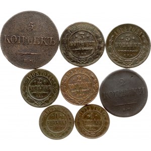 Russie 1 Kopeck - 5 Kopecks 1833-1913 Lot de 8 pièces