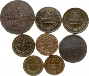 Rusko 1 kopějka - 5 kopějek 1833-1913 Sada 8 mincí