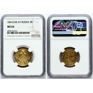 Rusko 5 rubľov 1841 СПБ-АЧ NGC MS 64