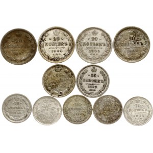 Russia 10 - 20 Kopecks 1869-1915 Lot of 11 coins.