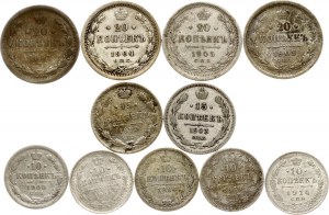 Russia 10 - 20 Kopecks 1869-1915 Lot of 11 coins.