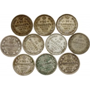 Russia 20 Kopecks 1870-1891 Lot of 10 coins.