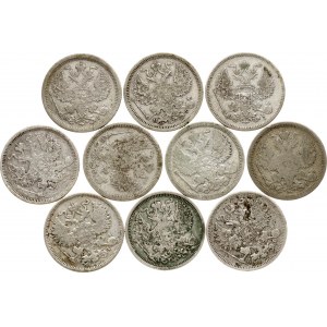 Russia 20 Kopecks 1870-1891 Lot of 10 coins.