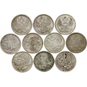 Russland 20 Kopeken 1870-1891 Lot von 10 Münzen.
