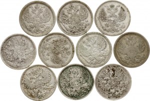 Russia 20 Kopecks 1870-1891 Lot of 10 coins.