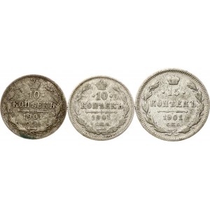 Russia 10 copechi 1901 СПБ-ФЗ &amp; 15 copechi 1901 СПБ-АР Lotto di 3 monete